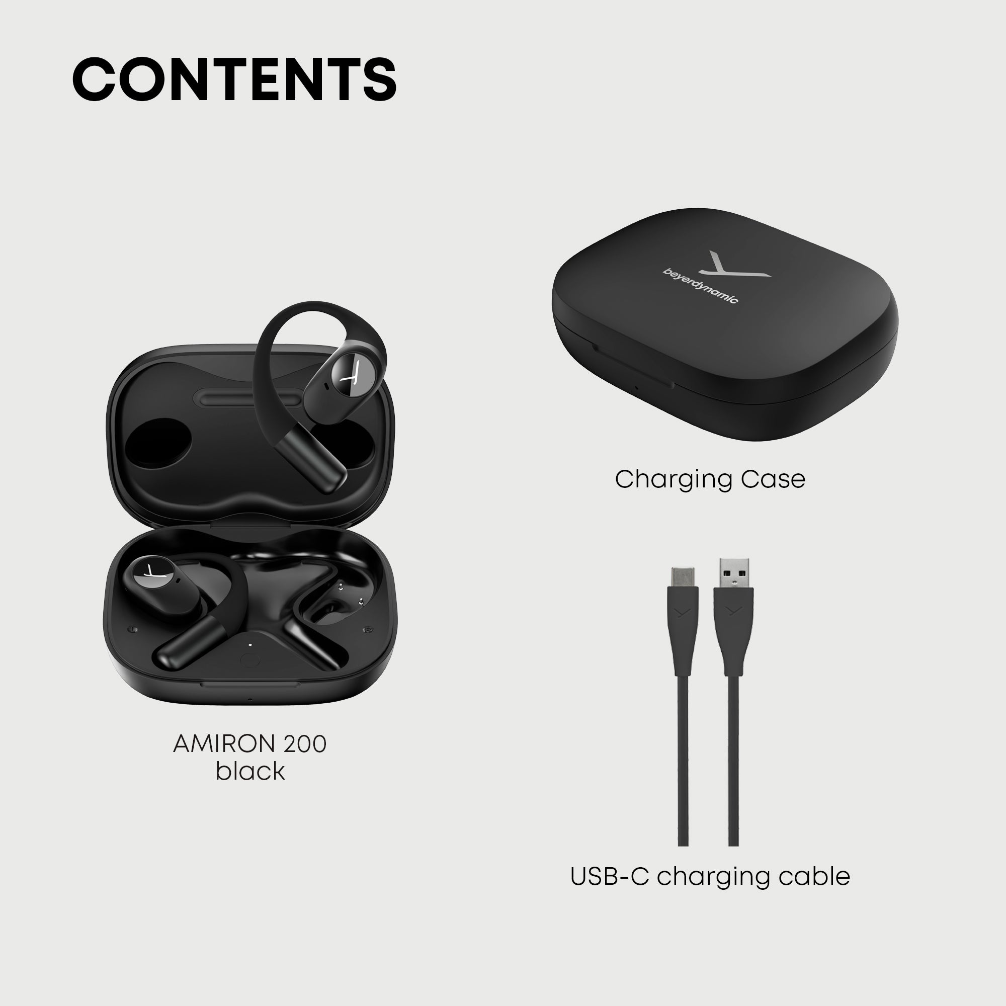 Open true wireless black earphones with all of the contents required