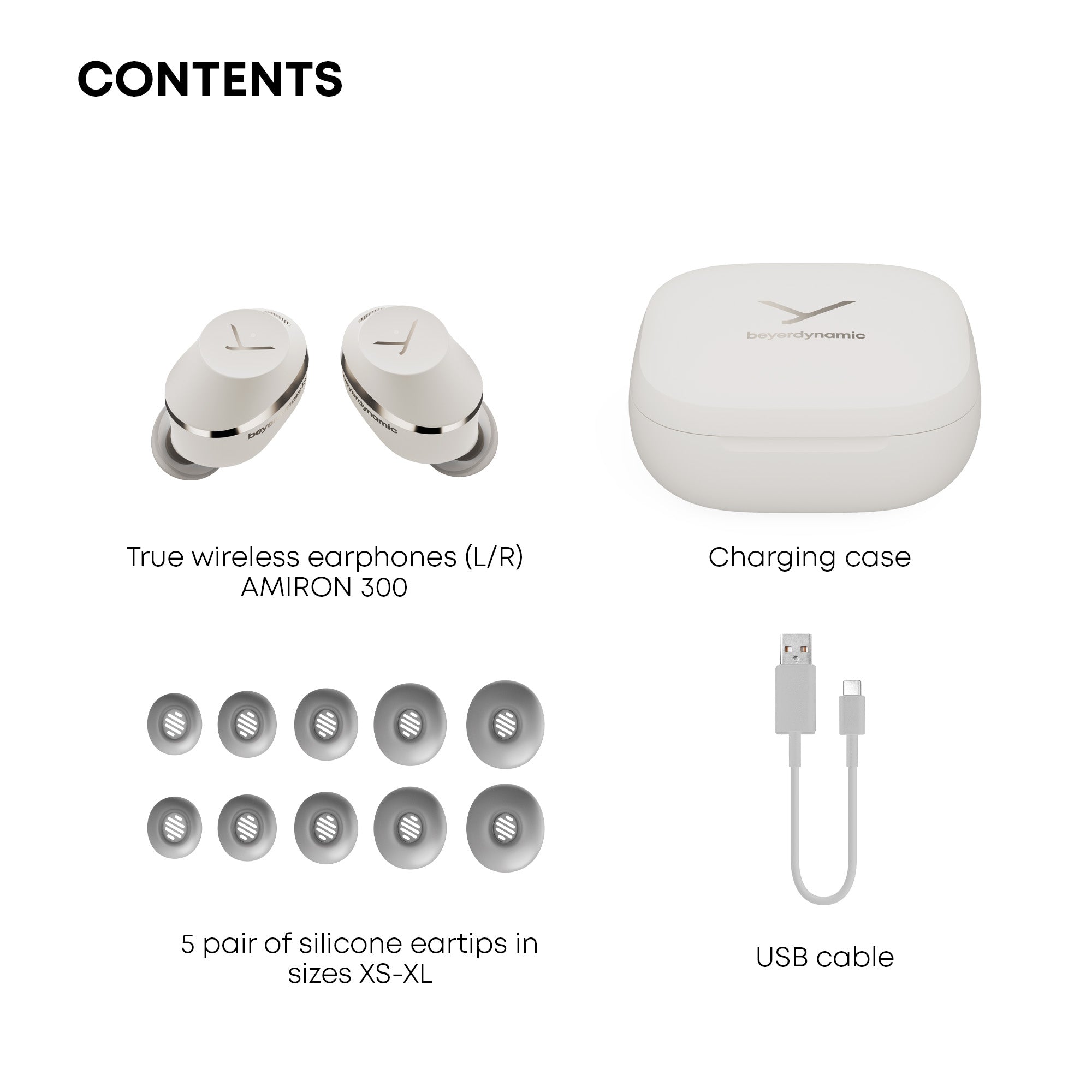 The AMIRON 300 Active Noise Cancellation earphones are supplied with numerous accessories