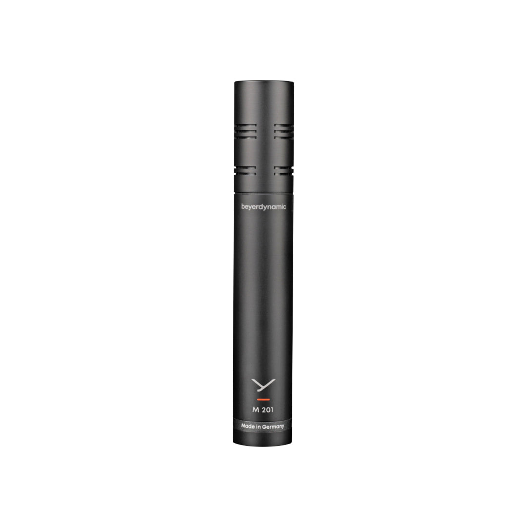 A black dynamic moving-coil microphone with the model number M 201 indicated on it. The microphone has a slim cylindrical shape with additional details and branding towards the bottom.