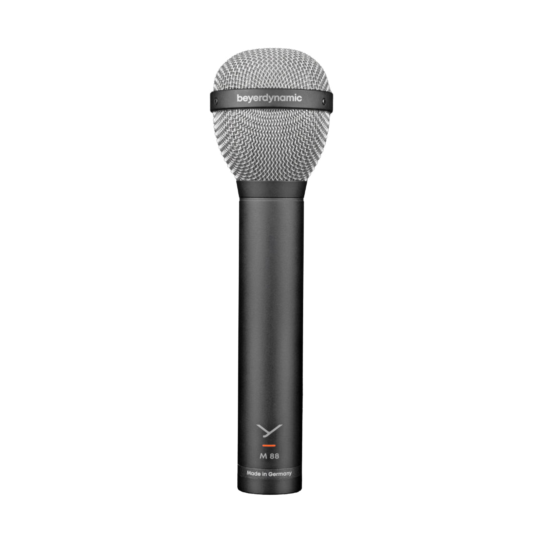 A black dynamic moving-coil microphone, the BeyerDynamic M 88, with a pop filter in the foreground.