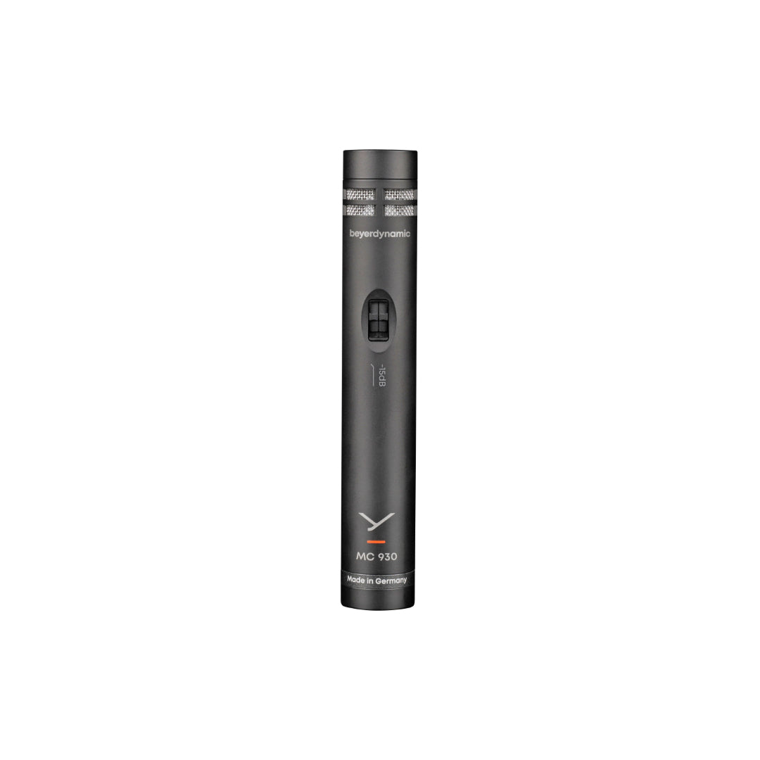 A vertical image of a black true condenser microphone with a cardioid polar pattern, labeled with the model number MC 930.