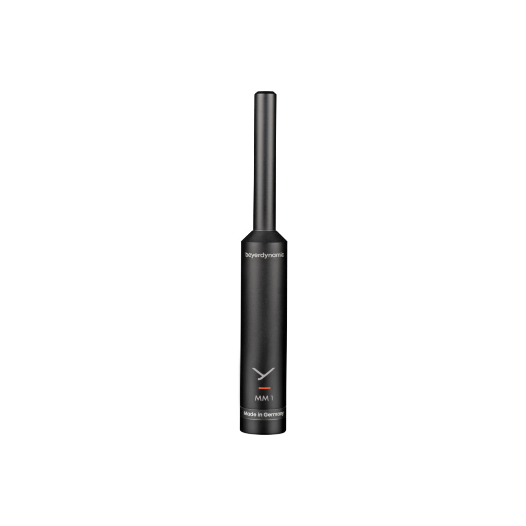 A slimline black condenser measurement microphone with the BeyerDynamic logo, designed for low interference in sound fields.