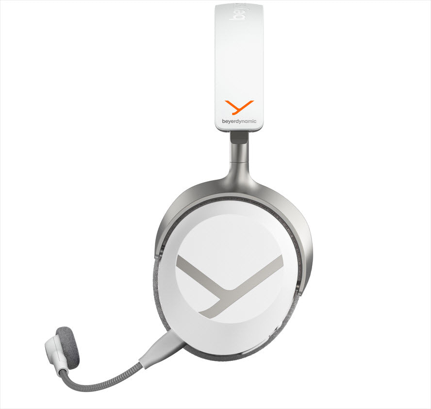 A silver and white gaming headset with an attached flexible microphone.