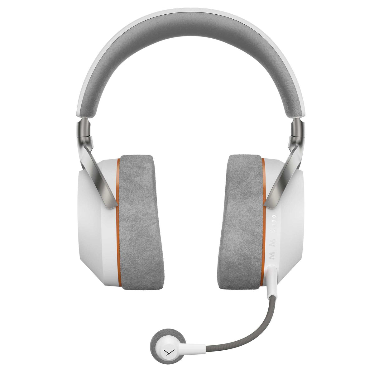 White and gray over-ear gaming headphones with a flexible boom microphone,