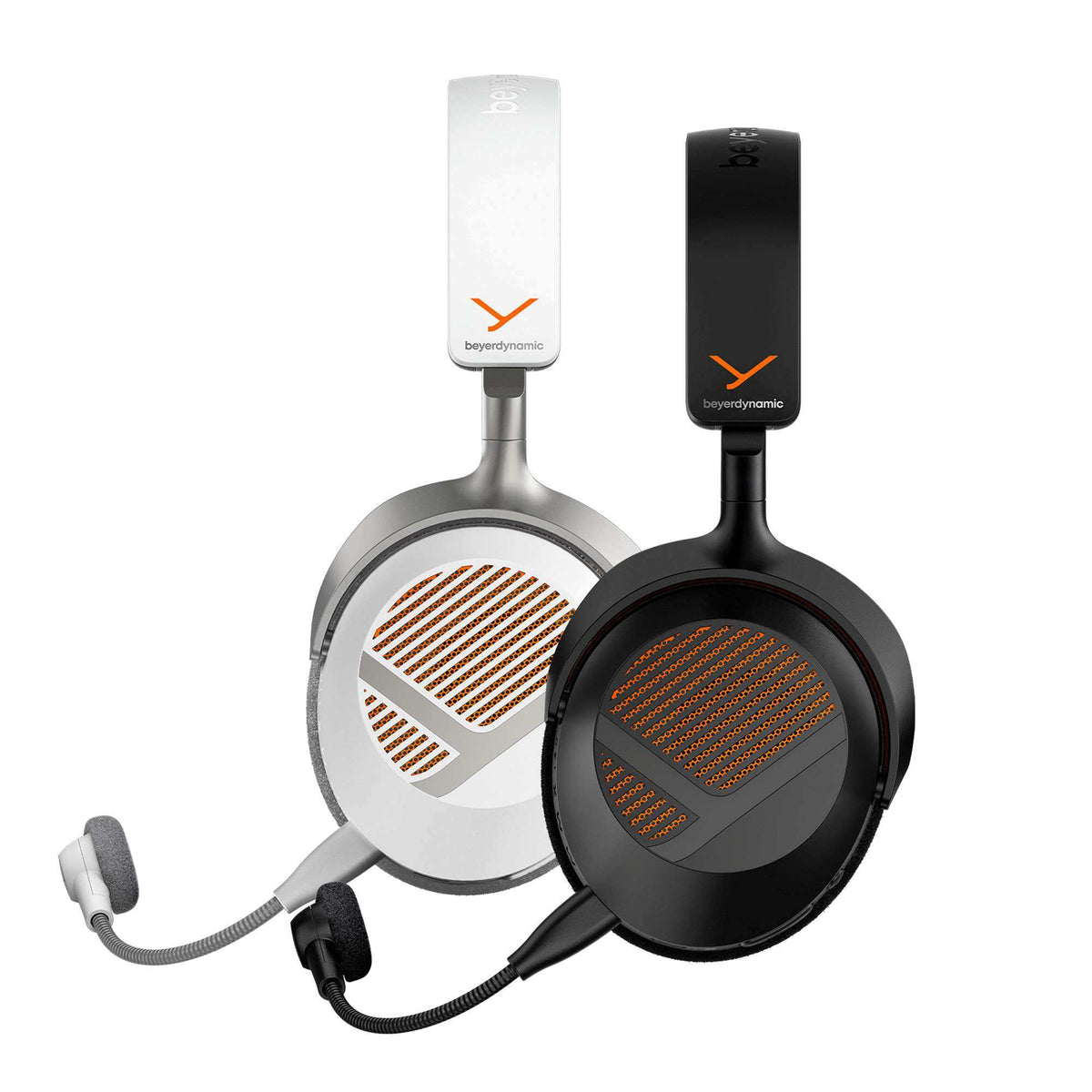 Two over-ear gaming headsets with attached boom microphones, shown side by side on a plain white background. The left headset is silver and white with orange accents, and the right headset is black and dark gray with orange accents.