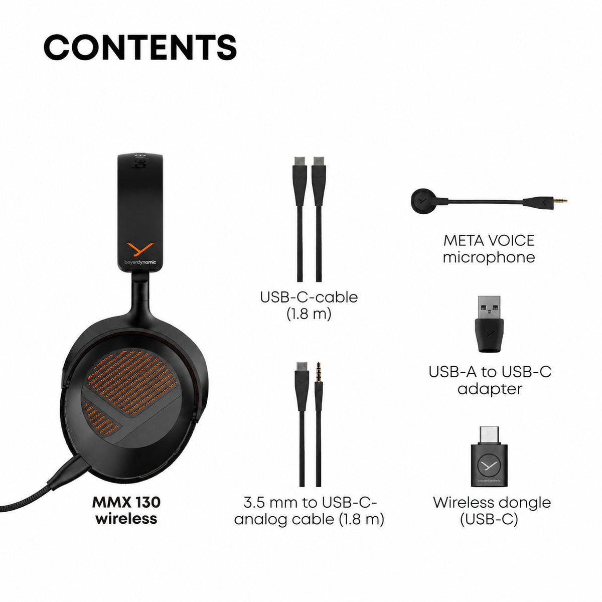 Contents sheet for the MMX 130 wireless over-ear headphones, showing the black headphone with orange logo, USB-C cable, USB-A to USB-C adapter, 3.5 mm to USB-C analog cable, wireless dongle, and meta voice microphone on a white background.