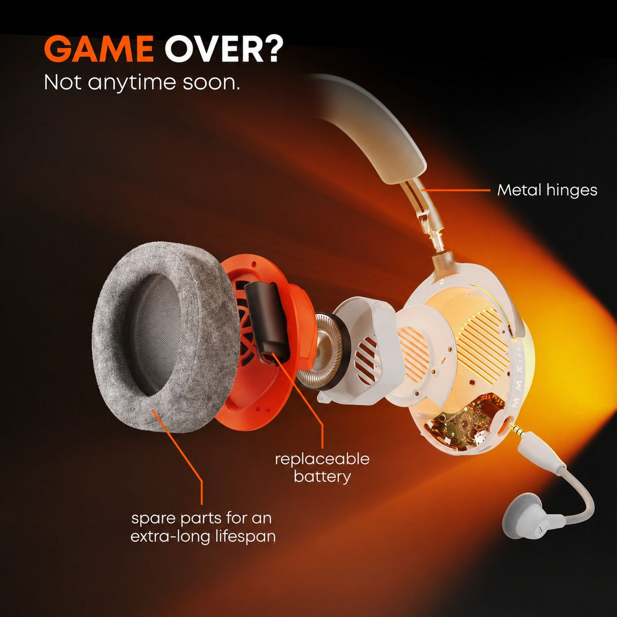 A promotional graphic showing a white and orange over-ear gaming headset with labeled callouts: 'Metal hinges,' 'replaceable battery,' and 'spare parts for an extra-long lifespan,' plus the headline 'GAME OVER? Not anytime soon.' on a dark background with orange glow effects.