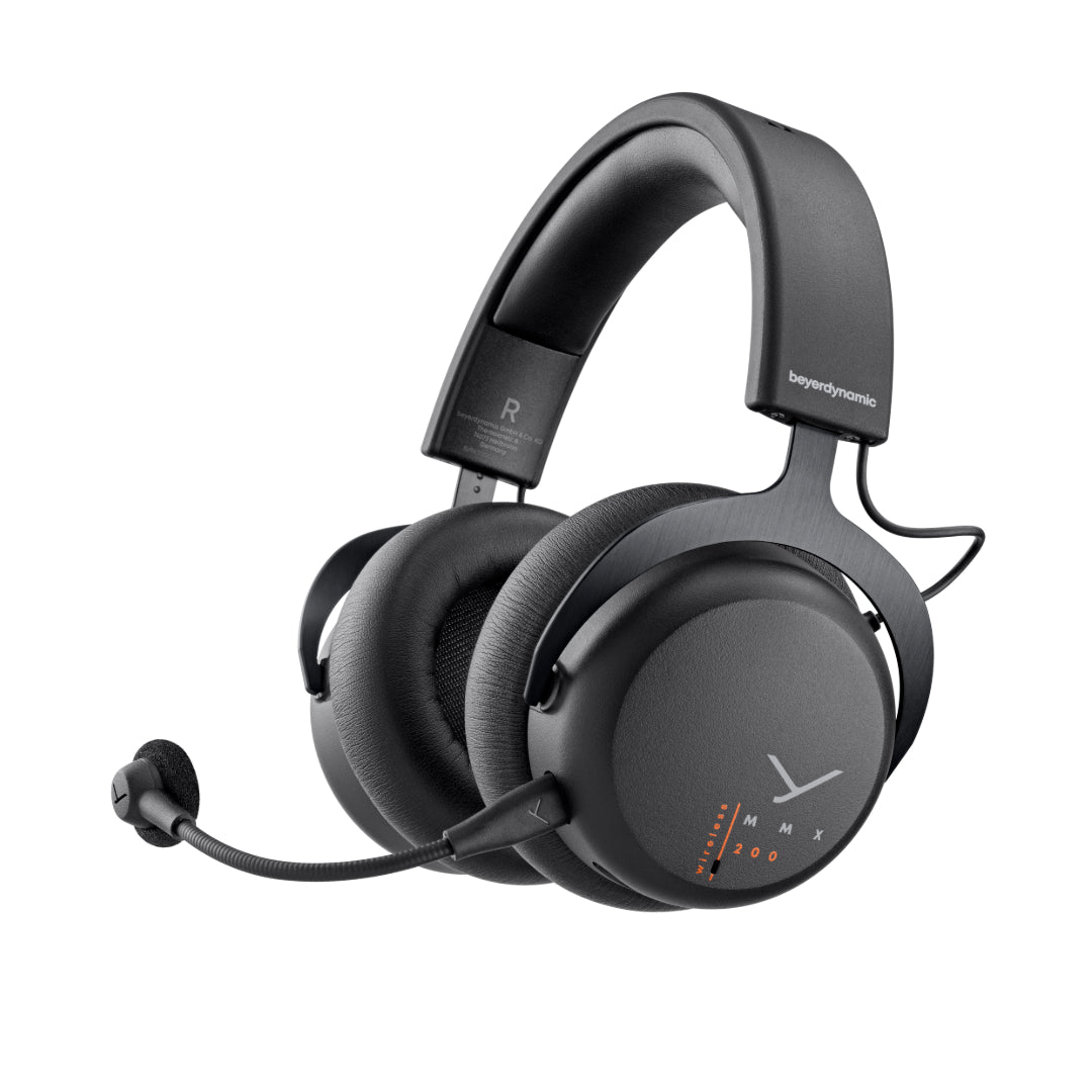 Wireless multi-platform low latency gaming headset with a detachable META VOICE microphone, in black color, featuring the beyerdynamic logo.