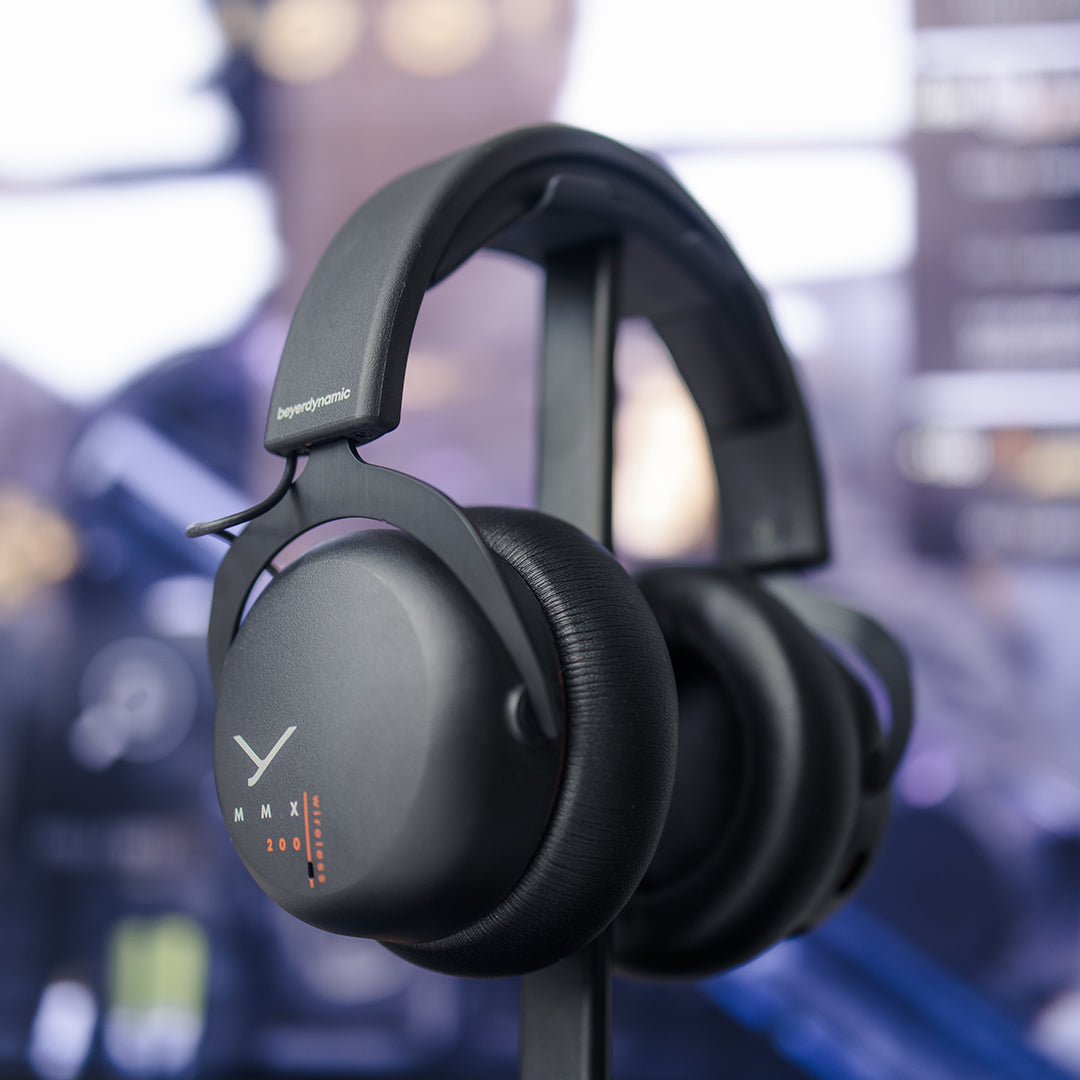 MMX 200 Wireless Multi Platform Low Latency Gaming Headset on a stand