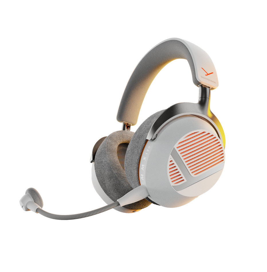 A modern over-ear gaming headset with a flexible boom microphone, featuring a light gray and white design with orange accents on the earcup grilles and headband logo.