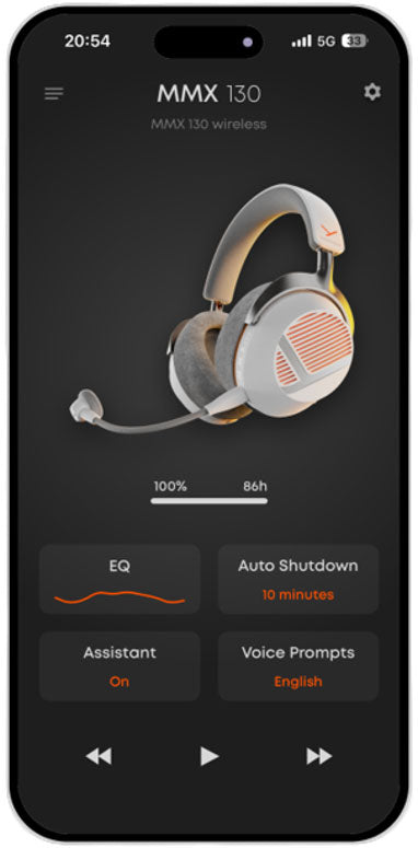 A smartphone displaying the MMX 130 wireless headset app interface on a dark background, showing the headset graphic and settings like EQ, Auto Shutdown, Assistant, and Voice Prompts.