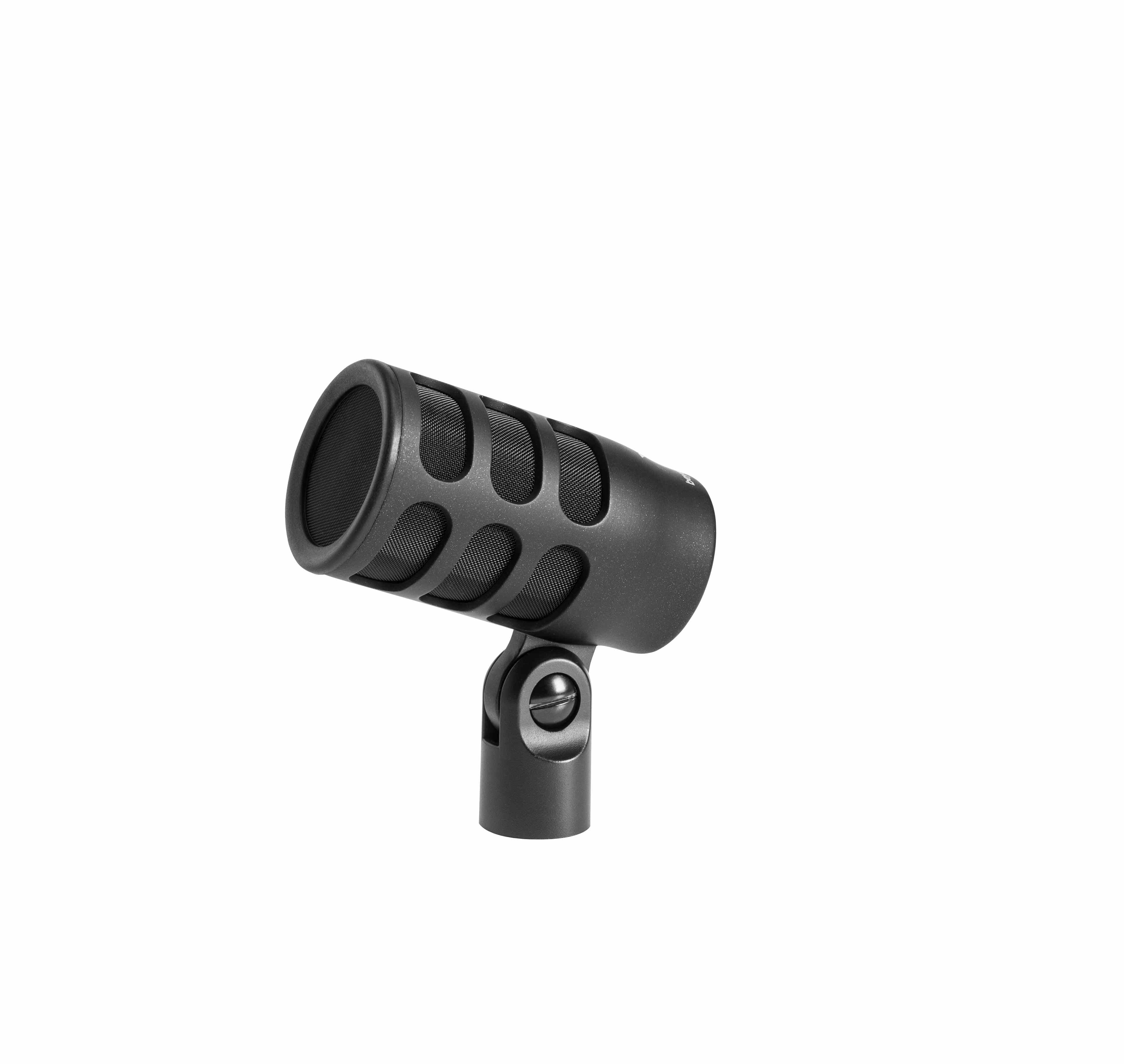 A black dynamic instrument microphone with a cardioid pattern designed for live stage use.