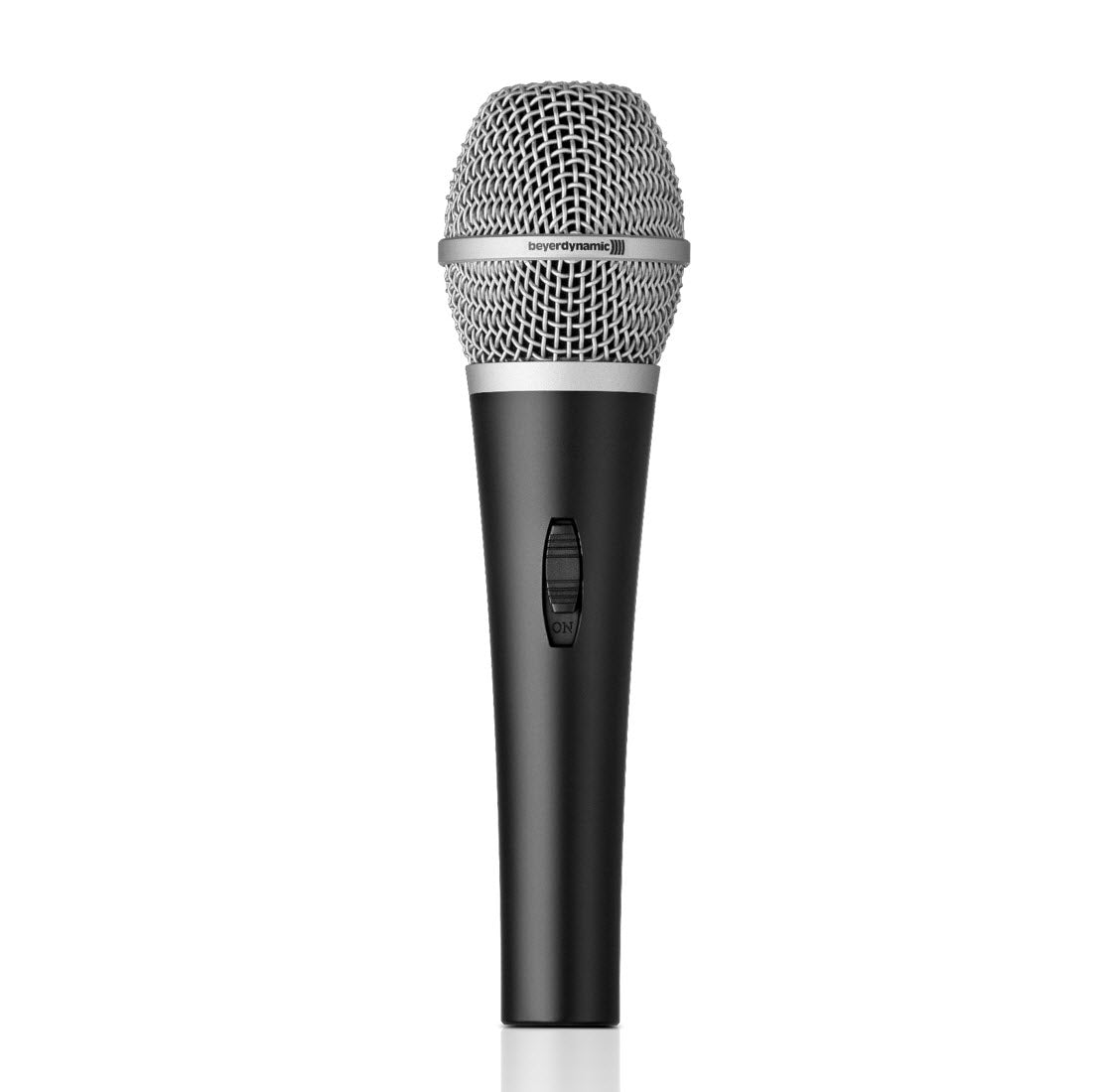 A dynamic vocal microphone with a black body and a pop filter in the foreground.