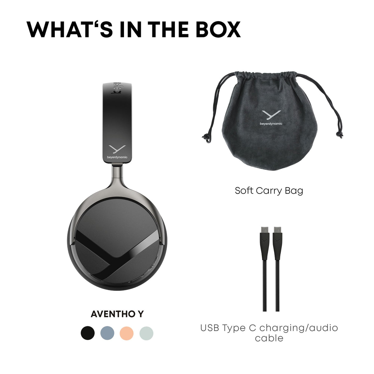 Aventho Y over-ear headphones shown with included accessories.