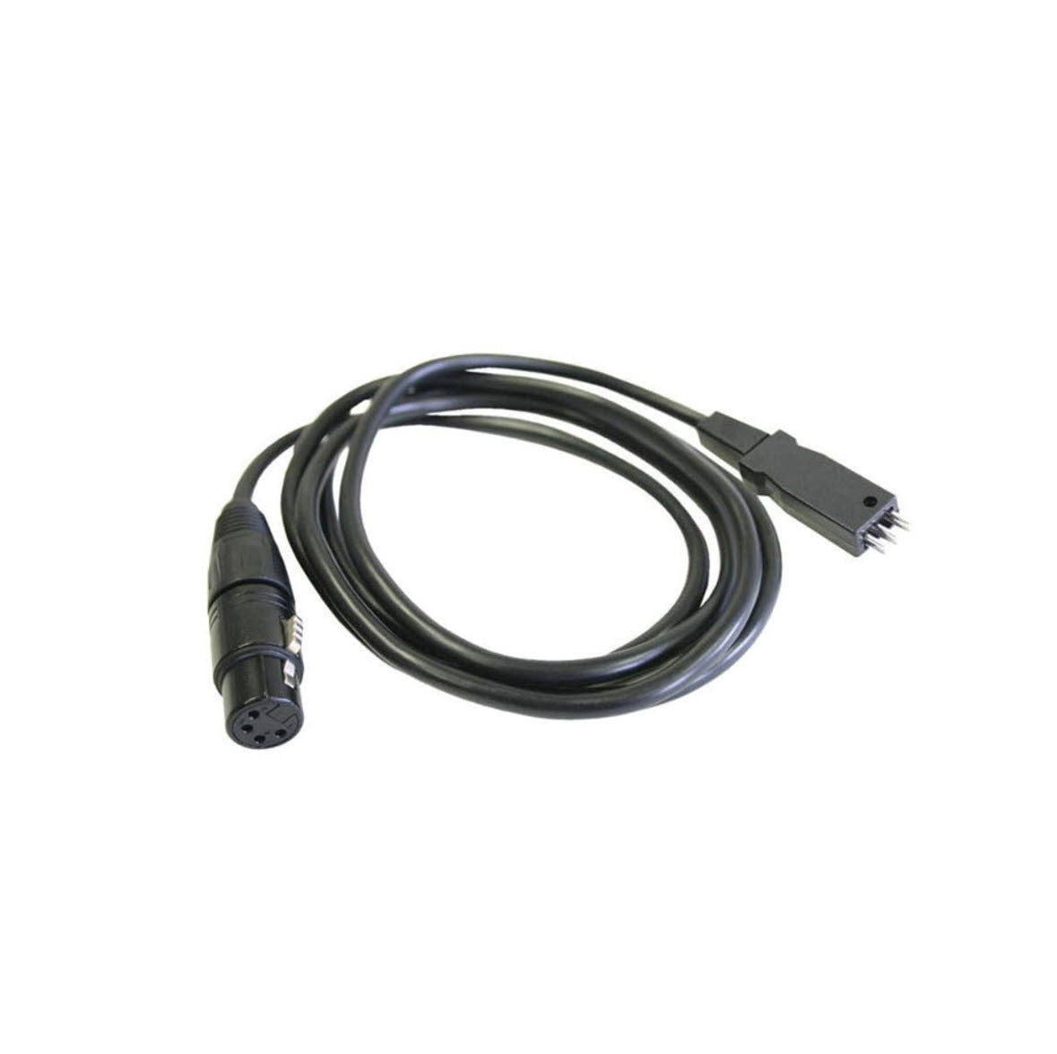 A black connecting cable with a 4-pin XLR female connector on one end and a standard 3.5 mm headphone jack on the other.