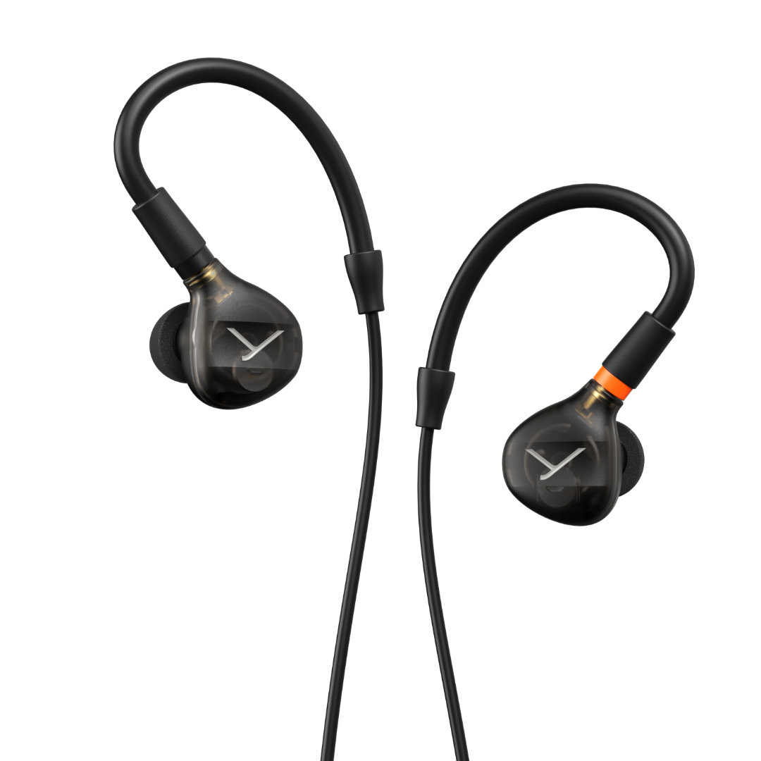 A pair of black in-ear monitors with a dynamic driver system, connected via a straight cable with a gold-plated MMCX connector.