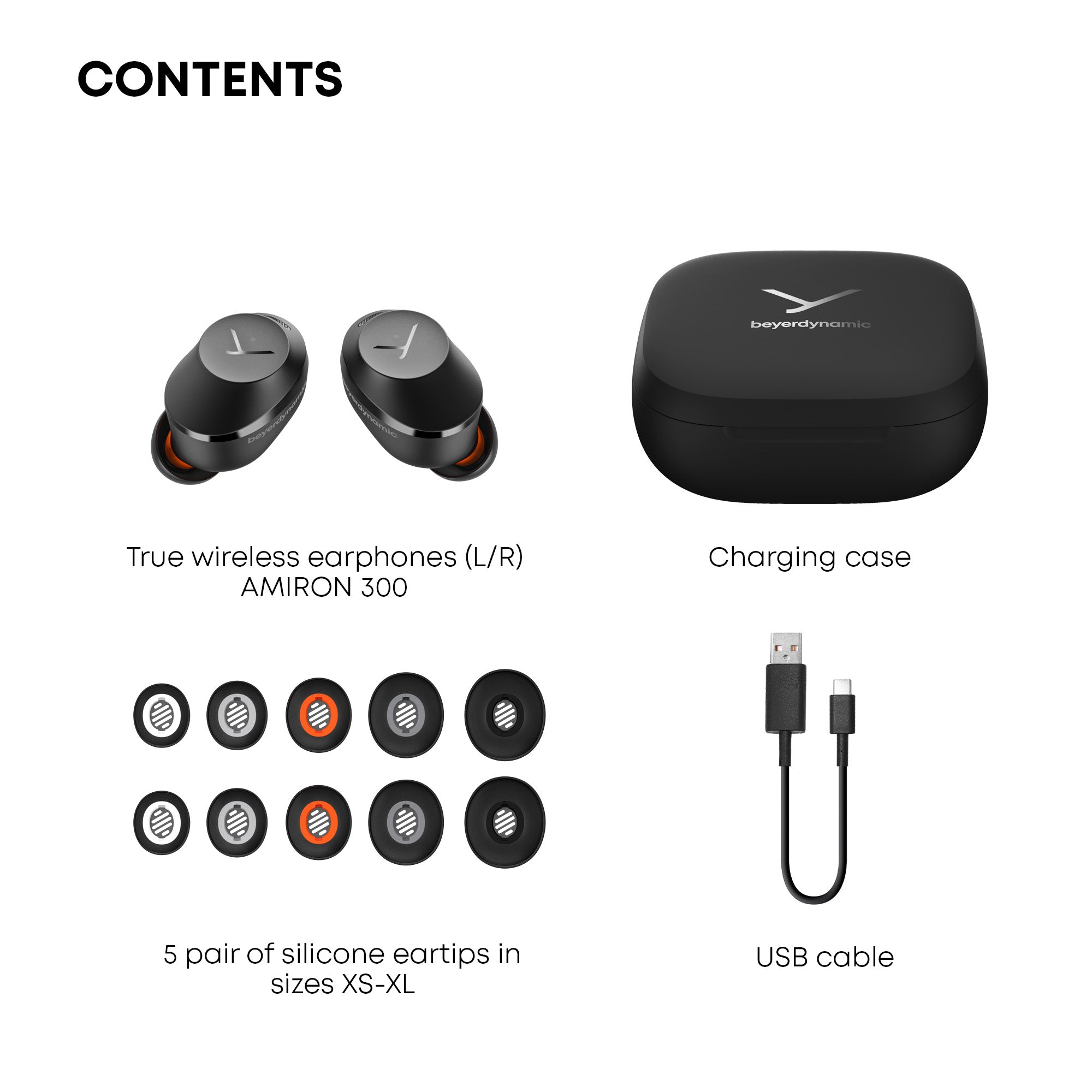 The AMIRON 300 Hi-Res Audio - Active Noise Cancellation (ANC) earphone includes all the needed accessories