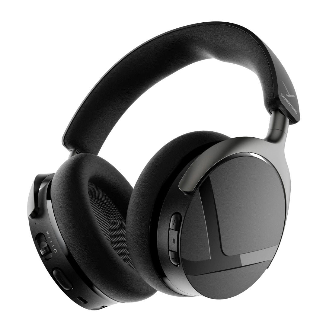 Black over-ear headphones with a padded headband, cushioned ear cups, and visible control buttons on the outer earpieces, featuring ANC.
