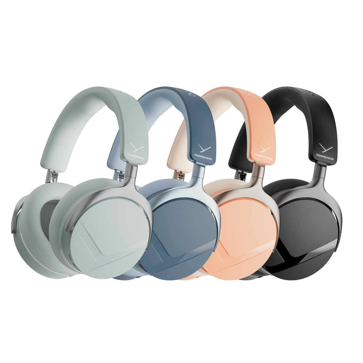 Four pairs of over-ear wireless headphones in different colors