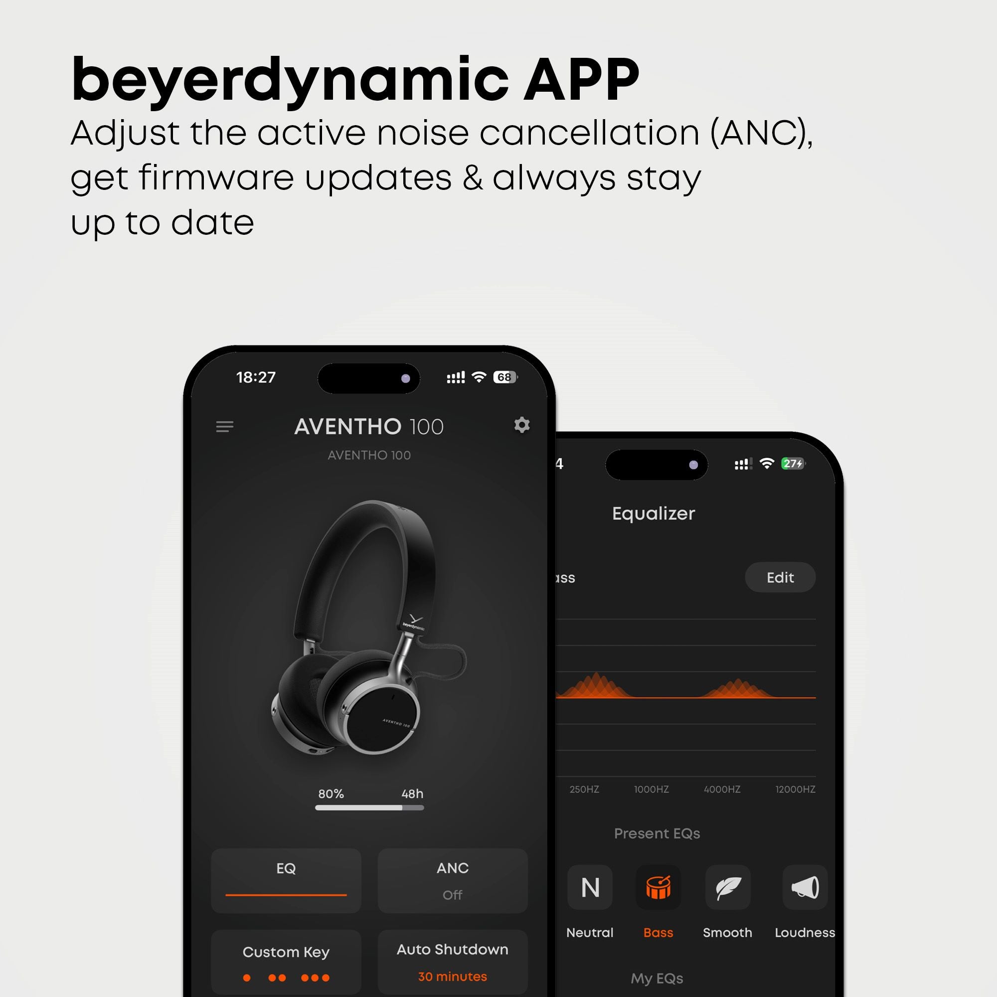 Our beyerdynamic app allows you to personalise numerous settings on your AVENTHO 100.

The 5-band equaliser allows you to create various sound profiles or use sound presets for different music genres. The app can also be used to check for the latest software updates, keeping your headphones up to date.