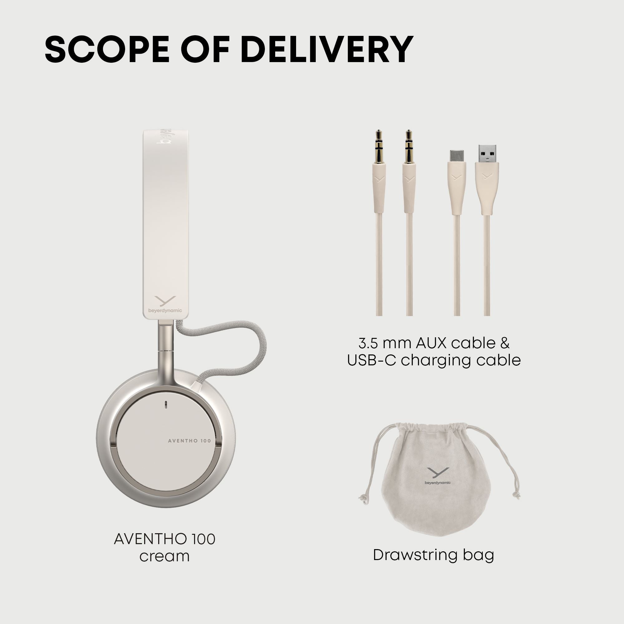 Aventho 100 cream headphones with accessories that are included