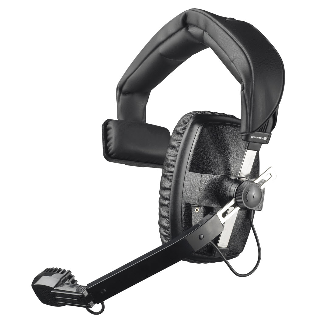 A single-ear professional black headset with an attached microphone and control module.
