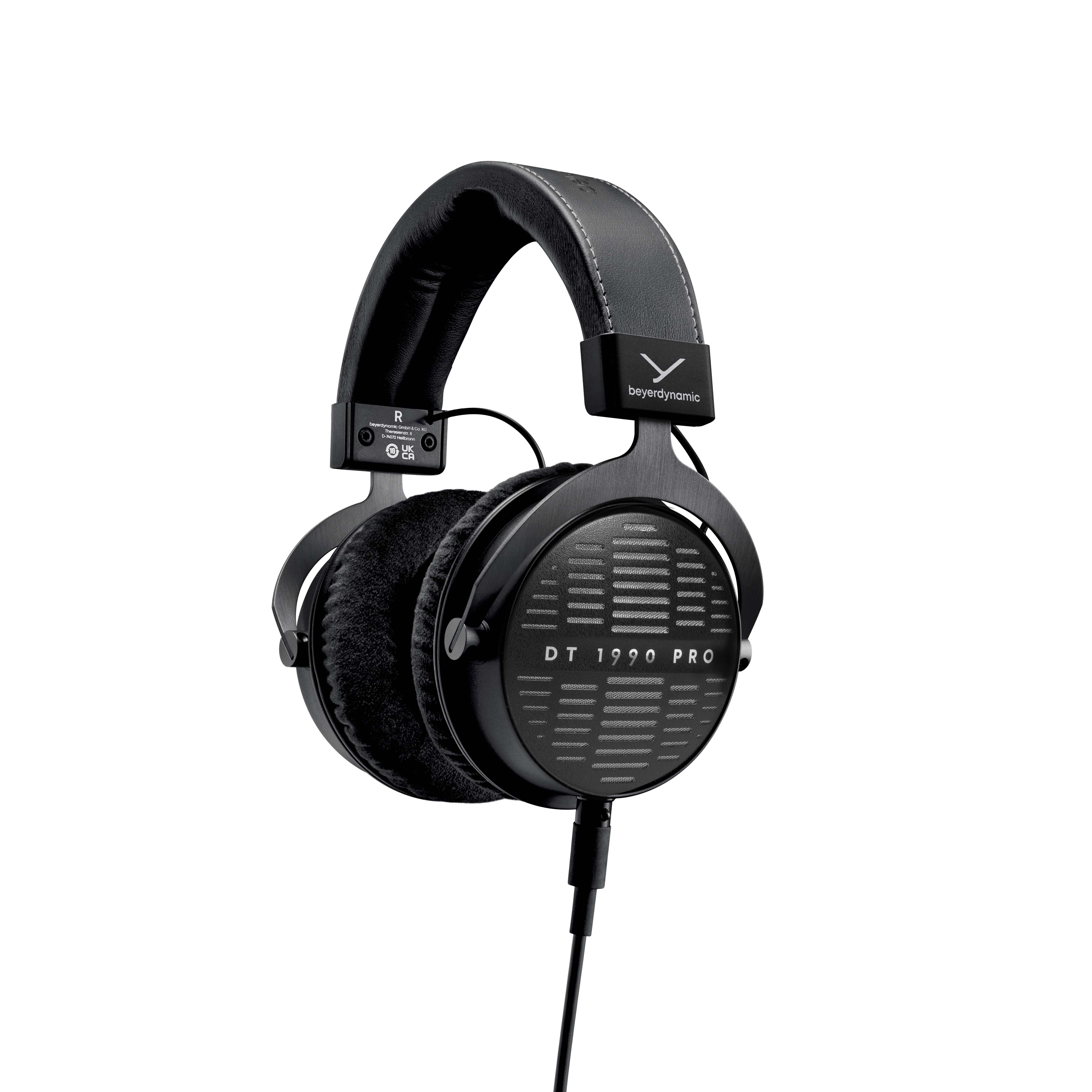 A pair of black DT 1990 PRO MKII 30 Ohm reference quality open-back headphones with a coiled cable and a locking 3-pin mini XLR plug.