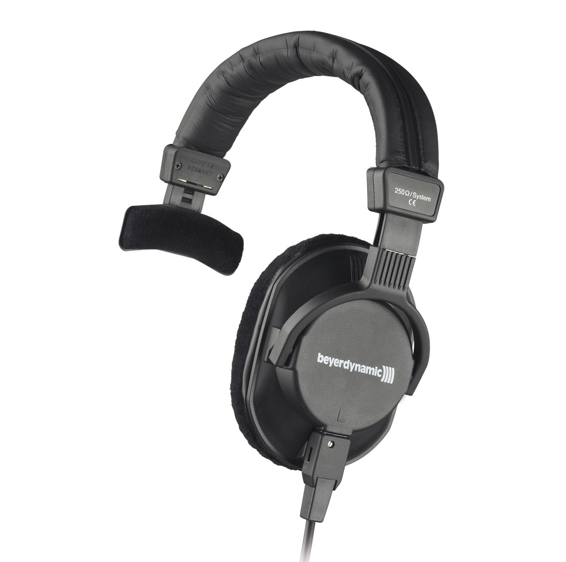 A black over-ear, closed-back, professional monitoring headphone with a padded headband and ear cups, featuring a single-sided cable with a golden plug.
