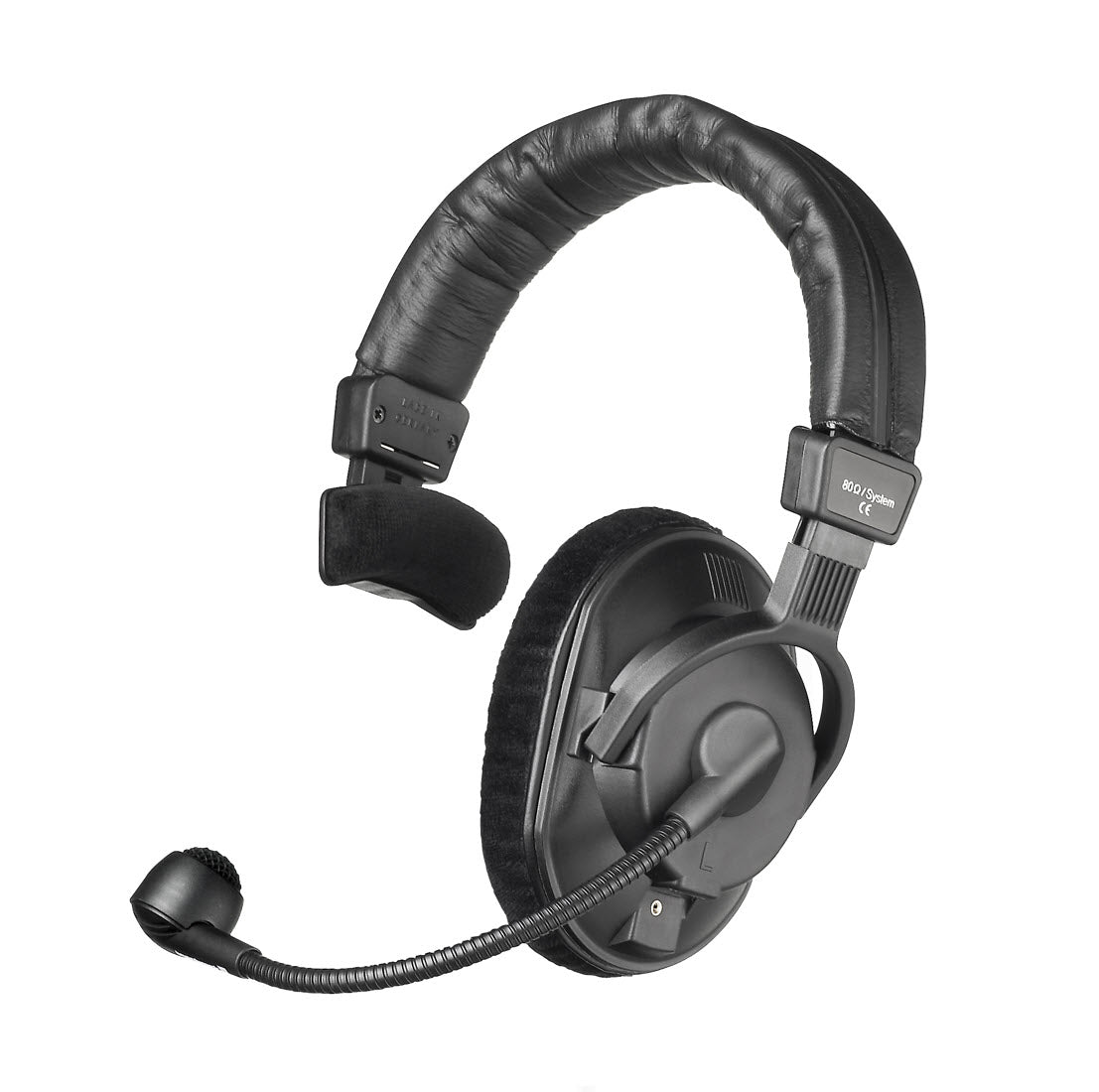 A black DT 280 MK II single-ear professional headset with a flexible gooseneck microphone attached.