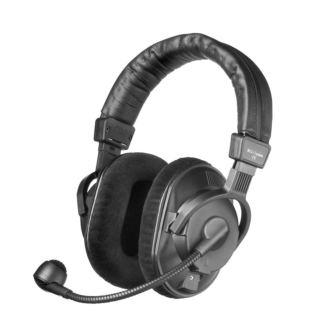 A black professional headset with a microphone attached to the left earcup, featuring a closed design and an adjustable padded headband.