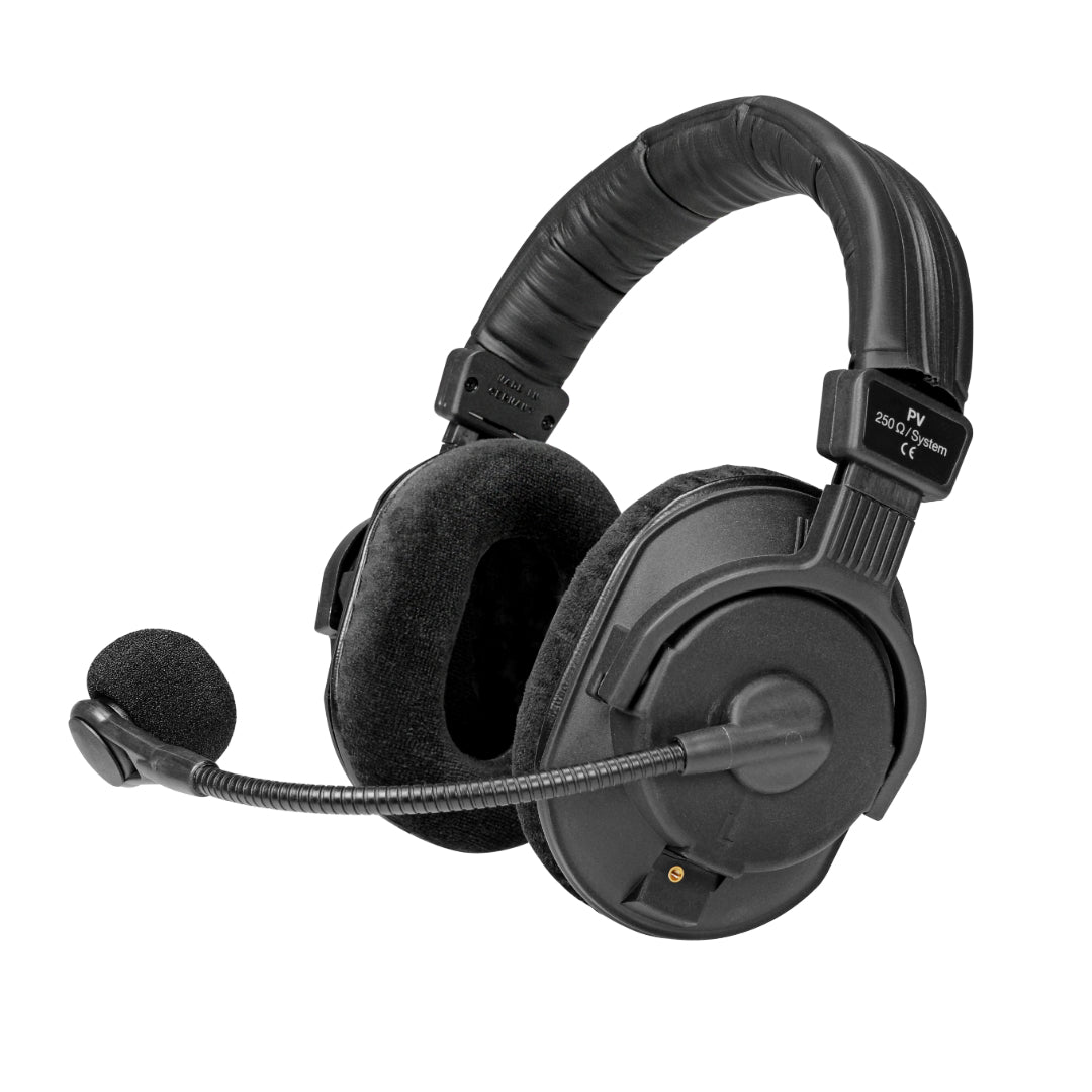 A black over-ear professional headset with a flexible gooseneck microphone and soft ear pads.