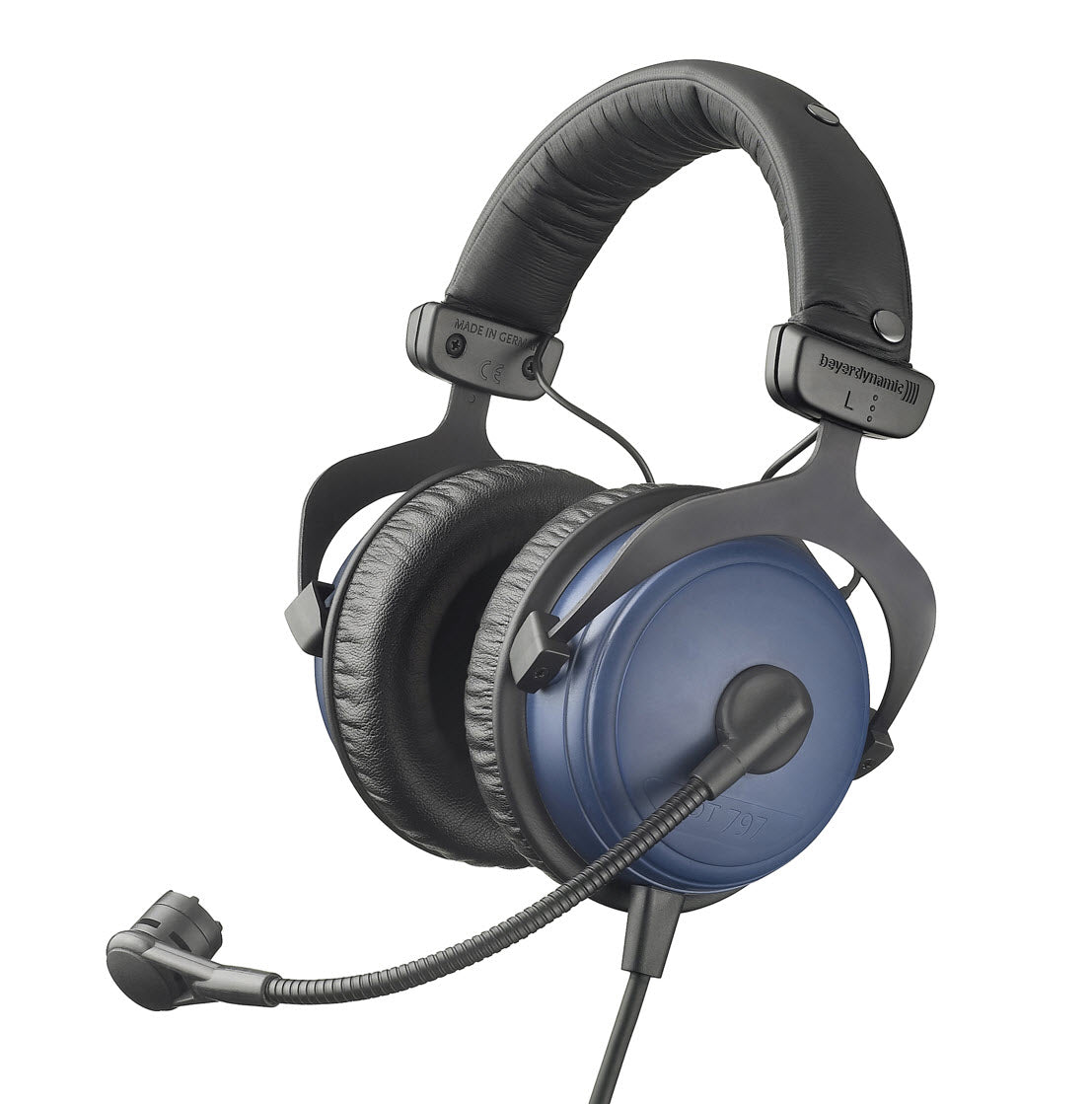 A professional over-ear headphones with a boom microphone attached on one side, predominantly black with blue accents.