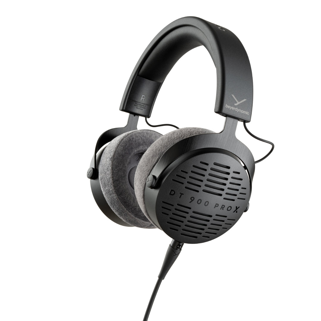 Over-ear, open-back, black DT 900 PRO X professional monitoring headphones with a wired connection and velour ear pads.