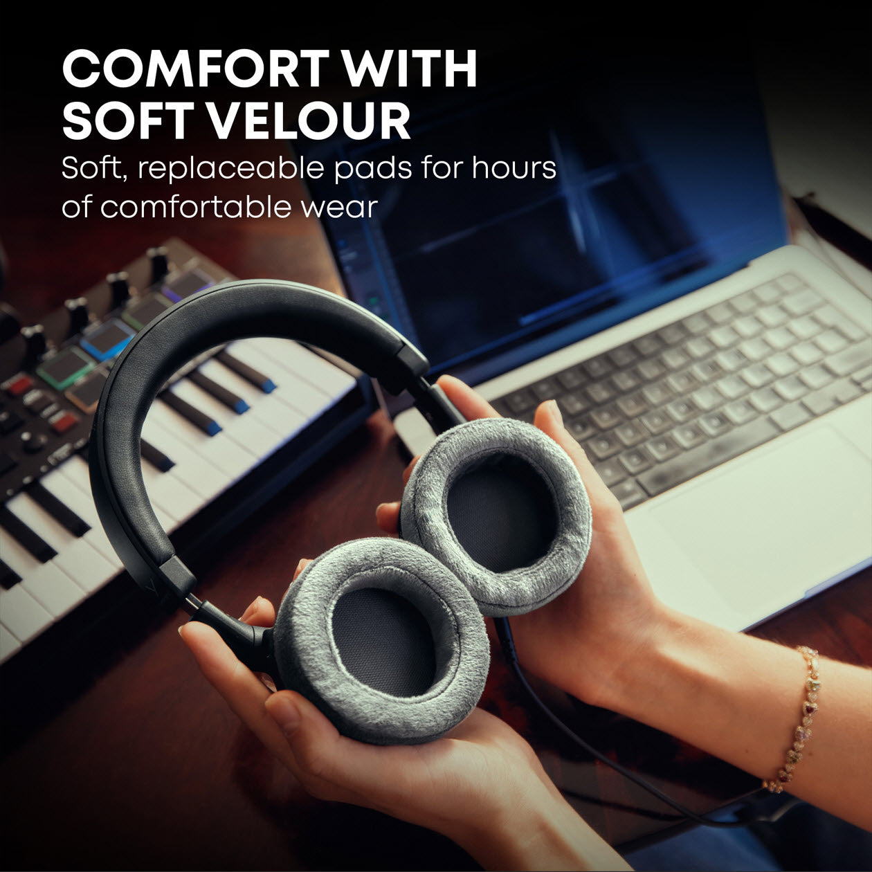 An on-ear headphone with soft velour earpads