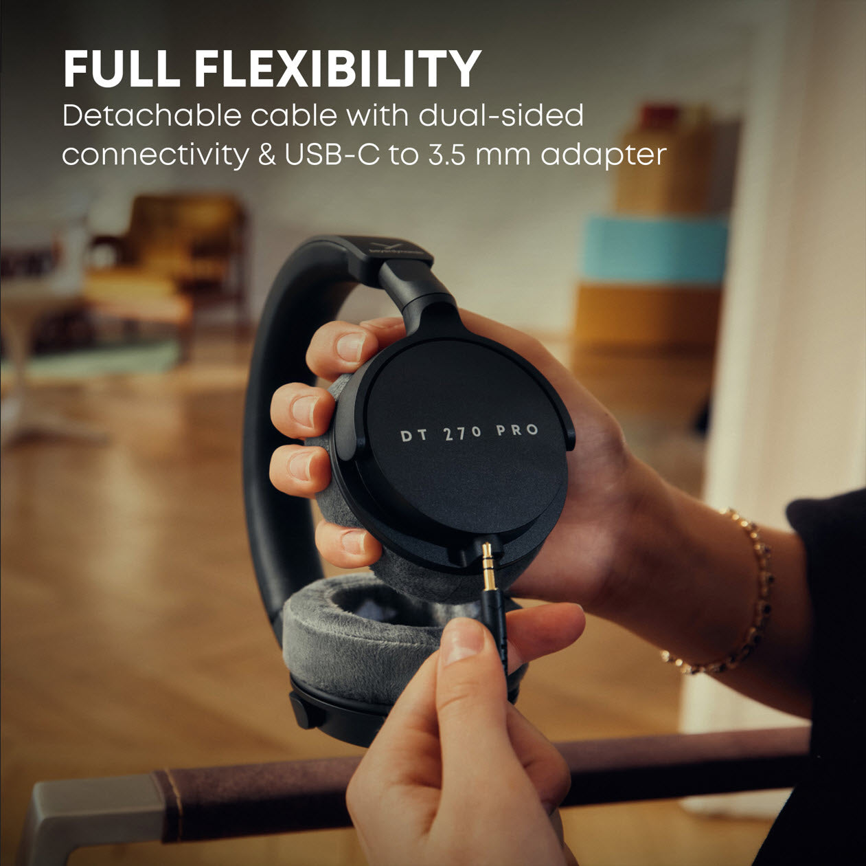 A compact headphone with a 3.5mm jack and USB-C plug--play option