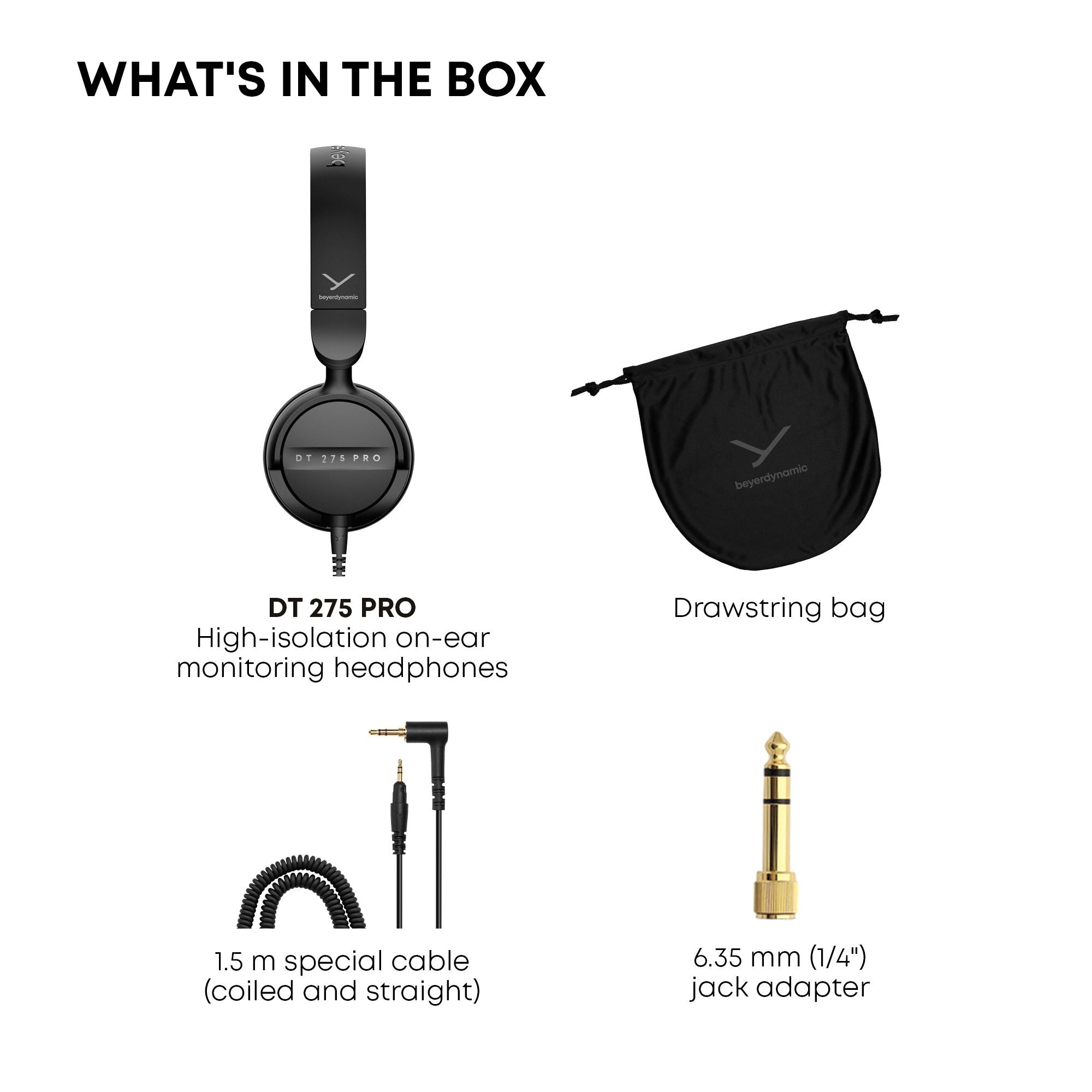 Box contents, a black drawstring bag, a coiled black adapter cable, and a gold 6.35 mm jack adapter.