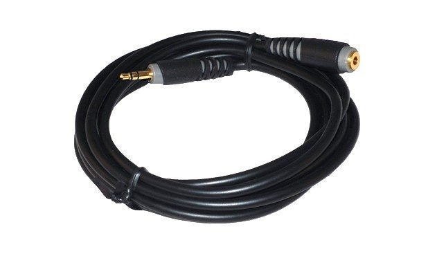 A black extension cord with gold plated 3.5 mm jack connectors on both ends