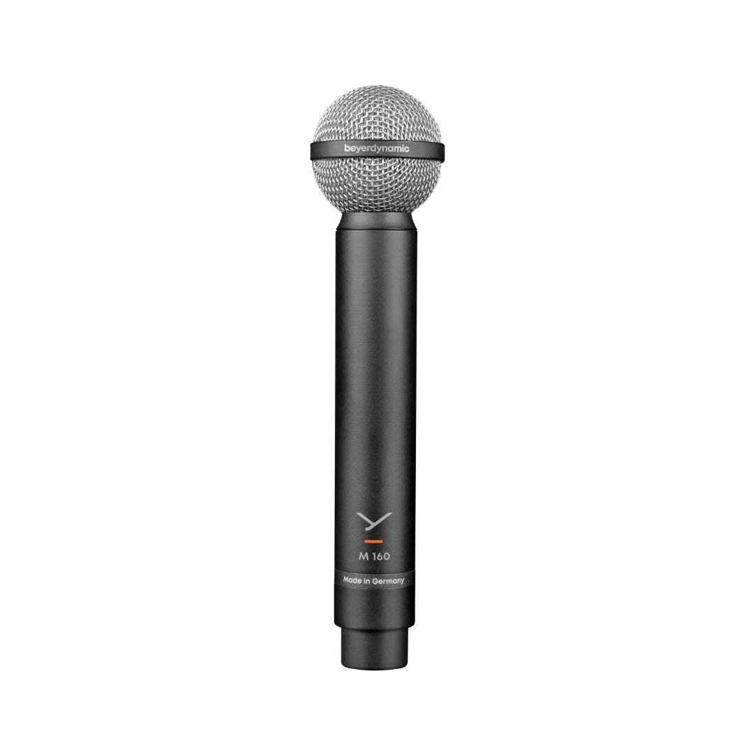 A vertical image of a dynamic double-ribbon microphone with a metallic grille, branded with the M 160 model number, against a plain background.