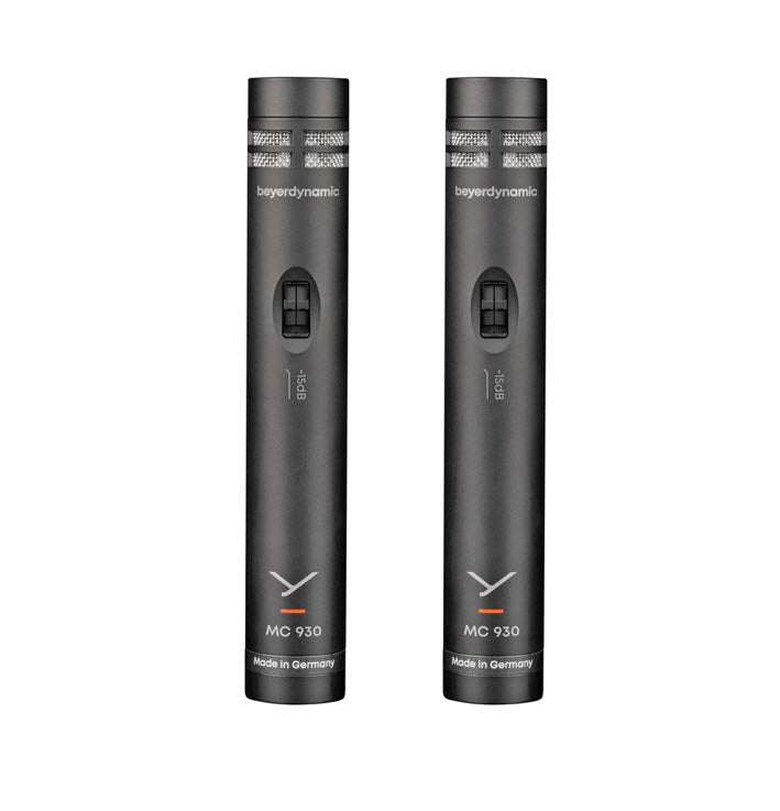 Two black true condenser microphones with cardioid polar pattern, model MC 930, made in Germany.
