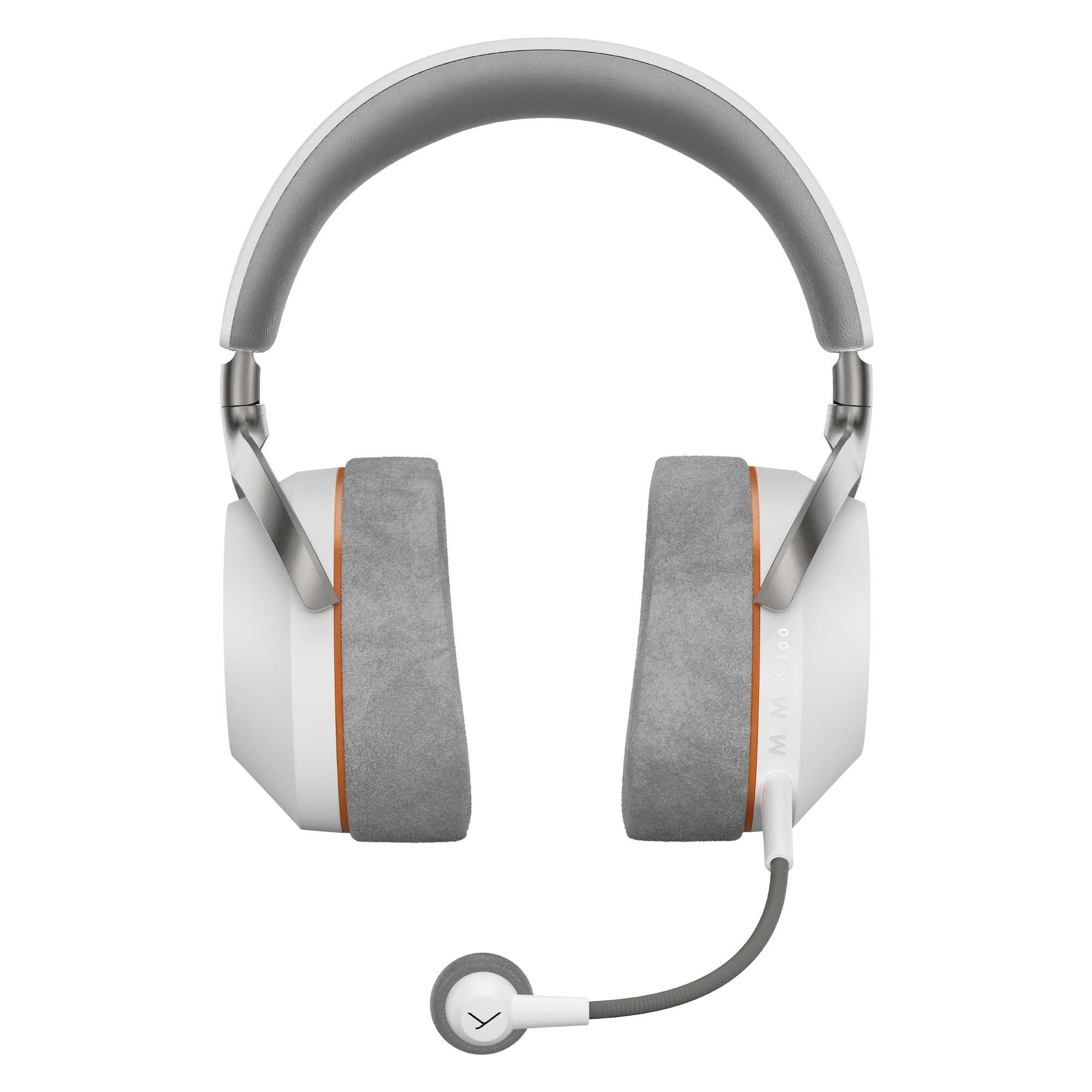 White and gray over-ear gaming headphones with a flexible boom microphone.