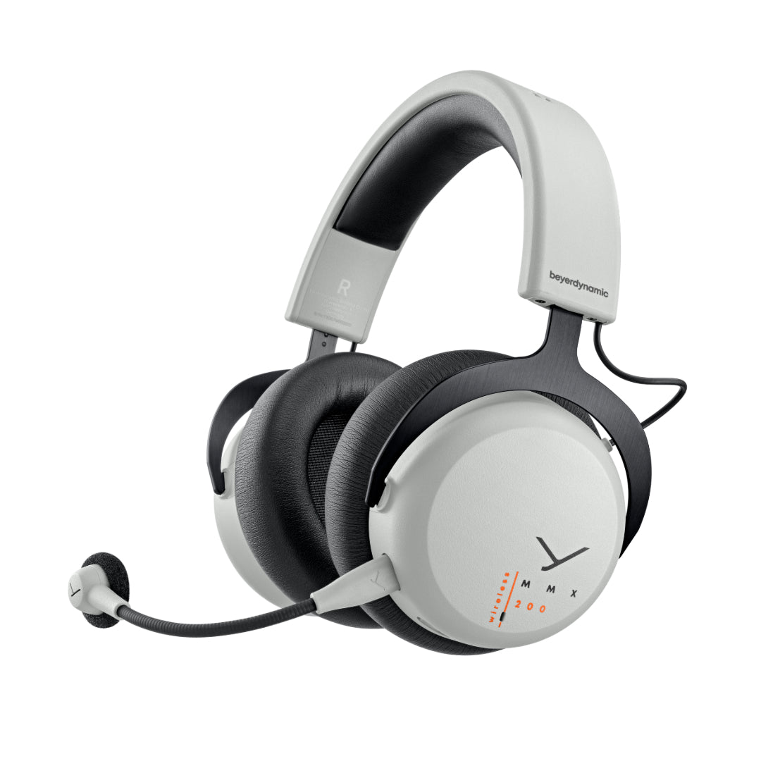 A wireless multi-platform low latency gaming headset with a detachable META VOICE microphone, predominantly in gray color, branded by beyerdynamic.