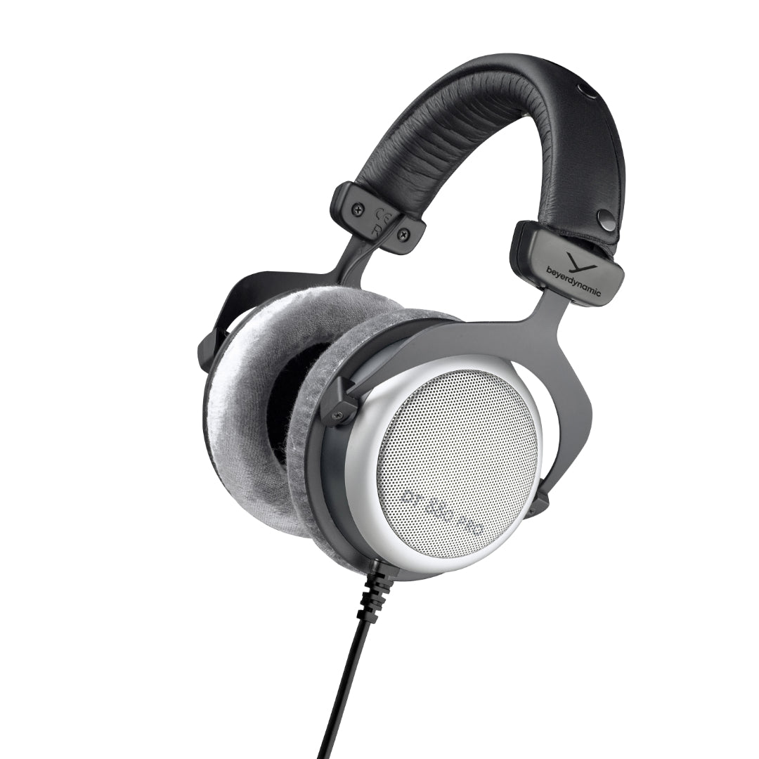 A pair of DT 880 PRO 250 Ohm Professional Monitoring Headphones with a semi-open design, featuring a black and gray color scheme, a coiled cable, and a gold-plated stereo jack plug.