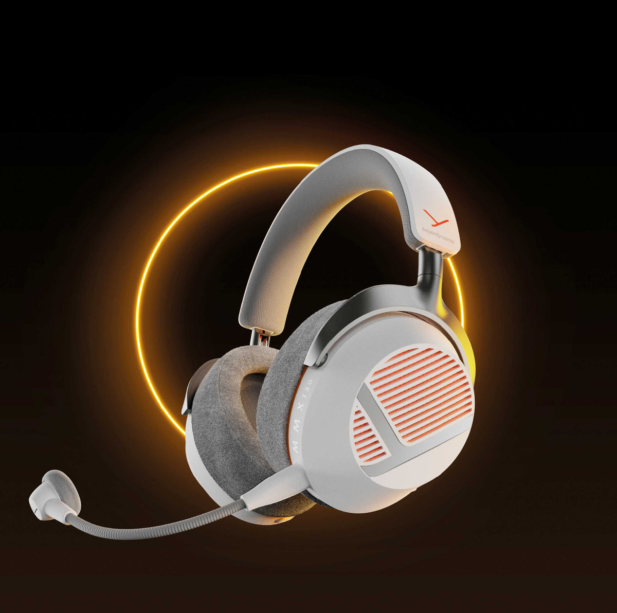 A white and gray over-ear gaming headset with a flexible boom microphone, shown floating against a black background with a glowing orange circular light behind it.