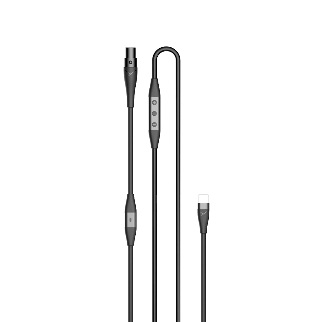 A black PRO X USB-C cable with integrated ESS DAC, in-line remote control, and microphone.