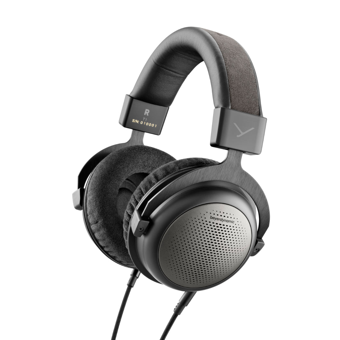 A pair of over-ear, high-resolution audio headphones with a Tesla transducer, made by beyerdynamic Germany. The headphones have a black color, cushioned ear pads, and a detachable cable.