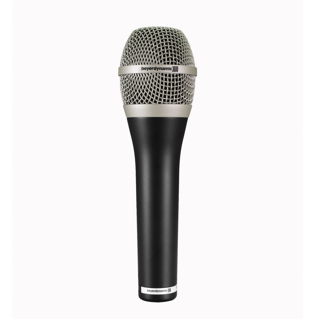 A black professional dynamic vocal microphone with a cardioid polar pattern, featuring a microphone clamp and storage bag.