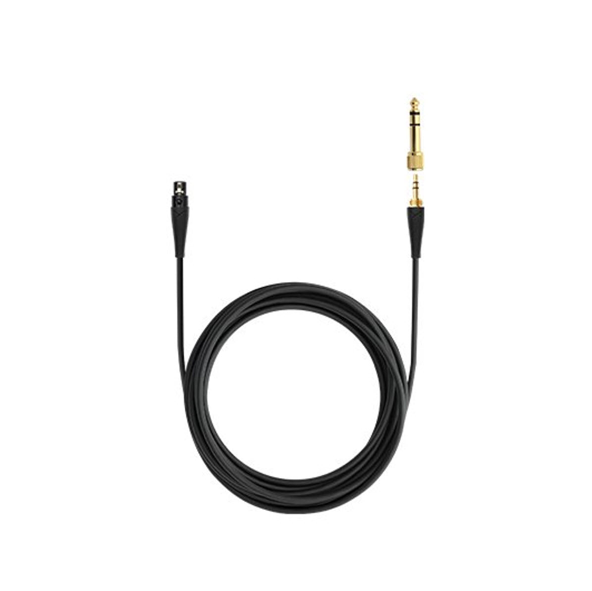 A black straight cable with a 3 pin mini XLR connector on one end and a stereo jack plug (3.5 mm) along with a 1/4 inch adapter (6.