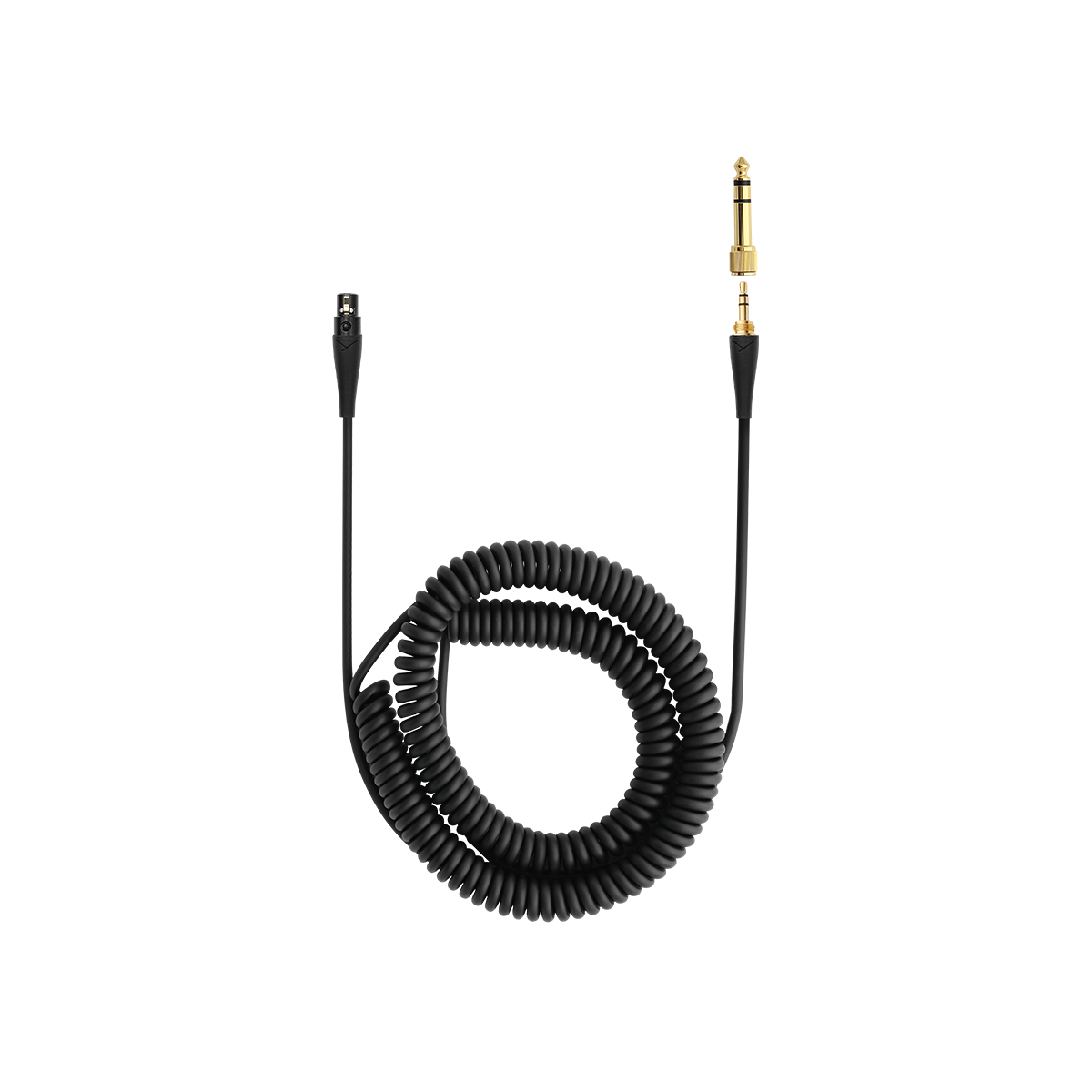 A black coiled cable with a 3 pin mini XLR connector and a stereo jack plug