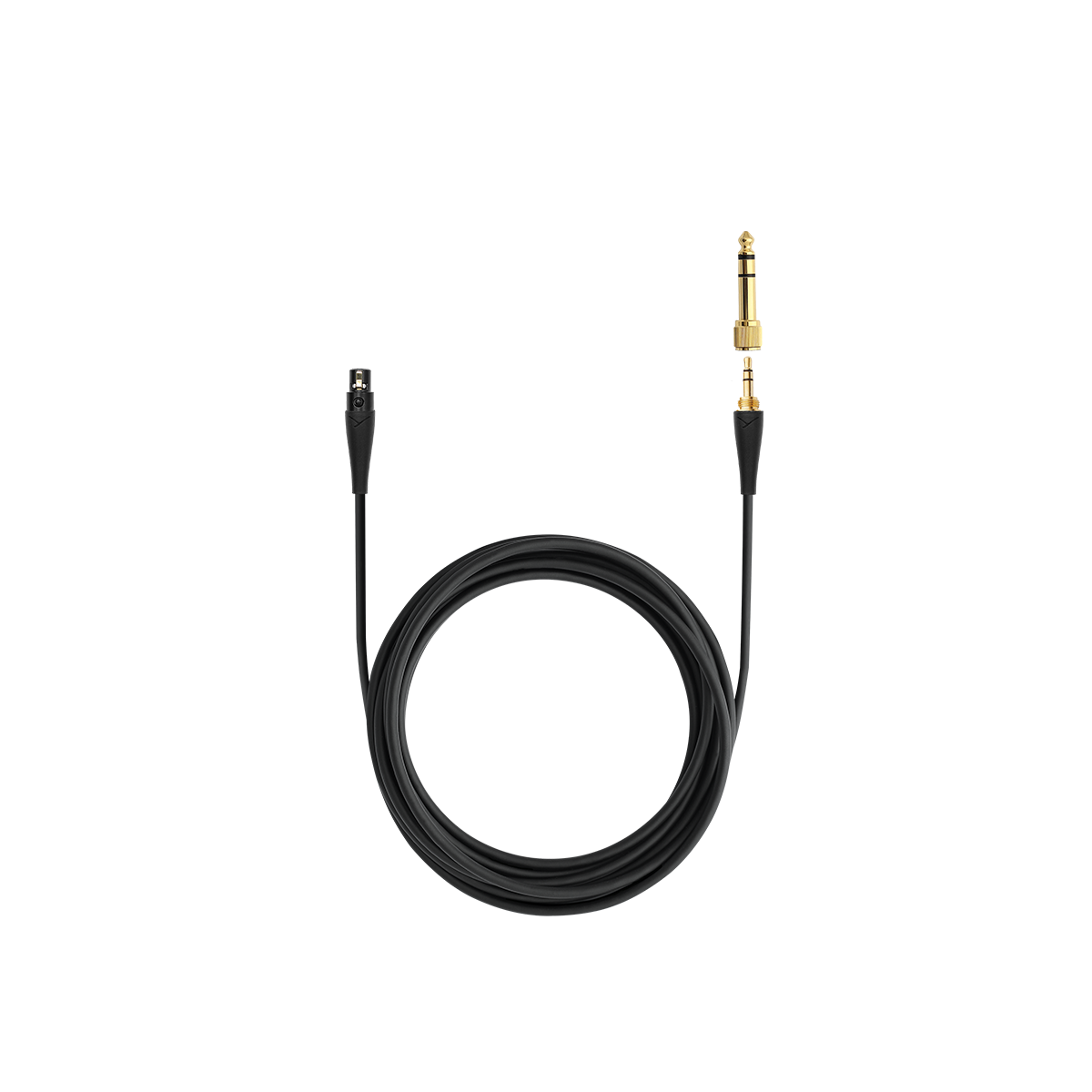 A black straight cable with a 3 pin mini XLR connector on one end and a stereo jack plug (3.5 mm) on the other, along with a 1/4 inch adapter (6.