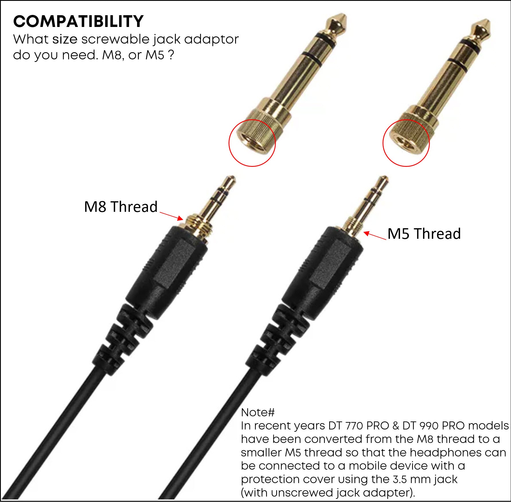 Headphone Jack Adapter (M8 thread) 3.5mm to 6.3mm